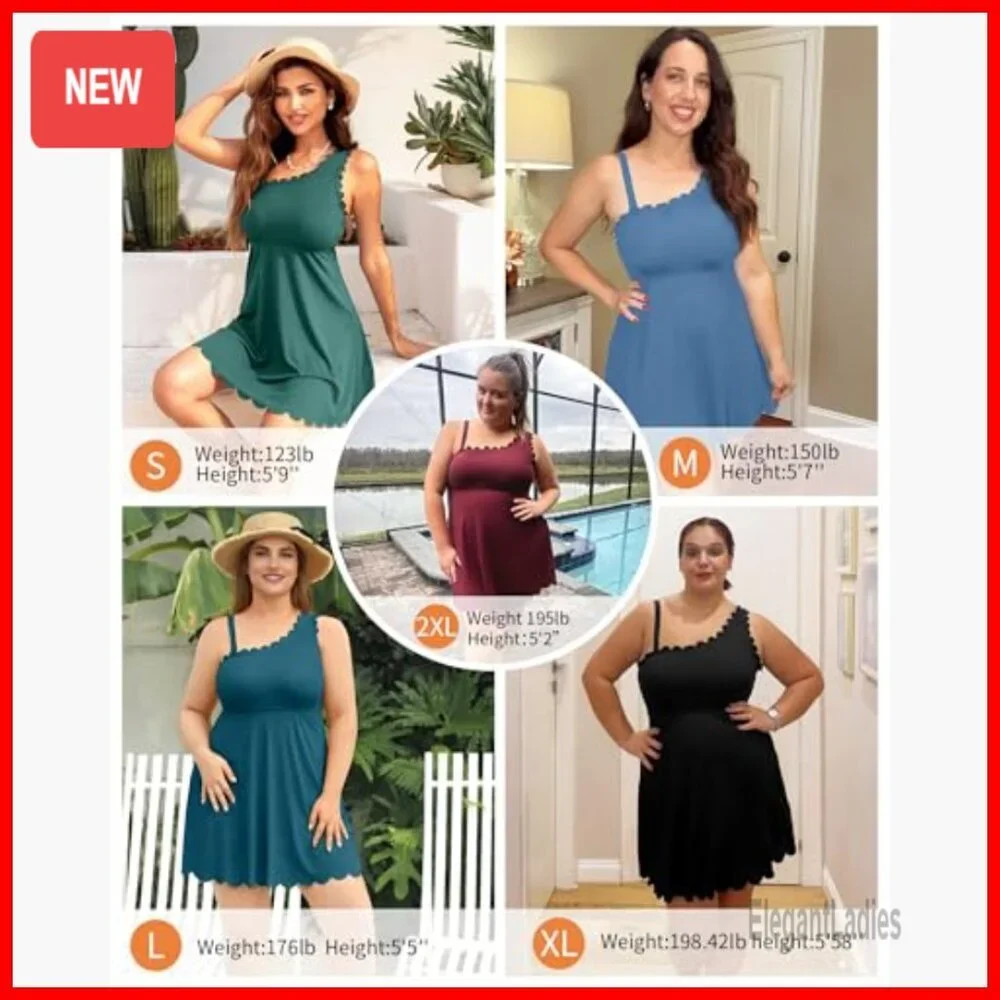 Large Ribbed One Shoulder Swim Dress Tummy Control One Piece - Picture 5 of 7